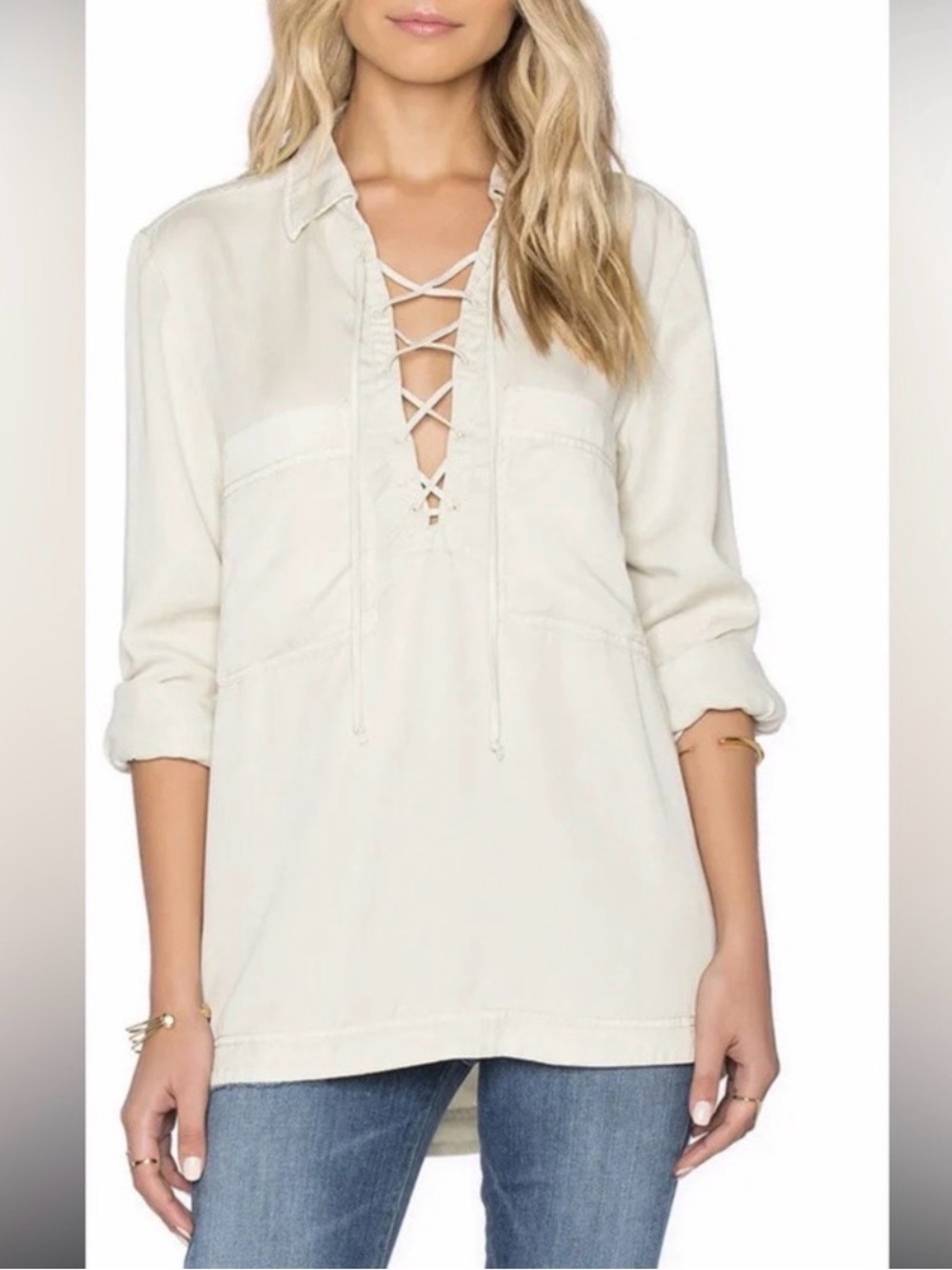 New Free People Cream Under Your Spell Lace Up Long Sleeve Shirt Top S Small NWT